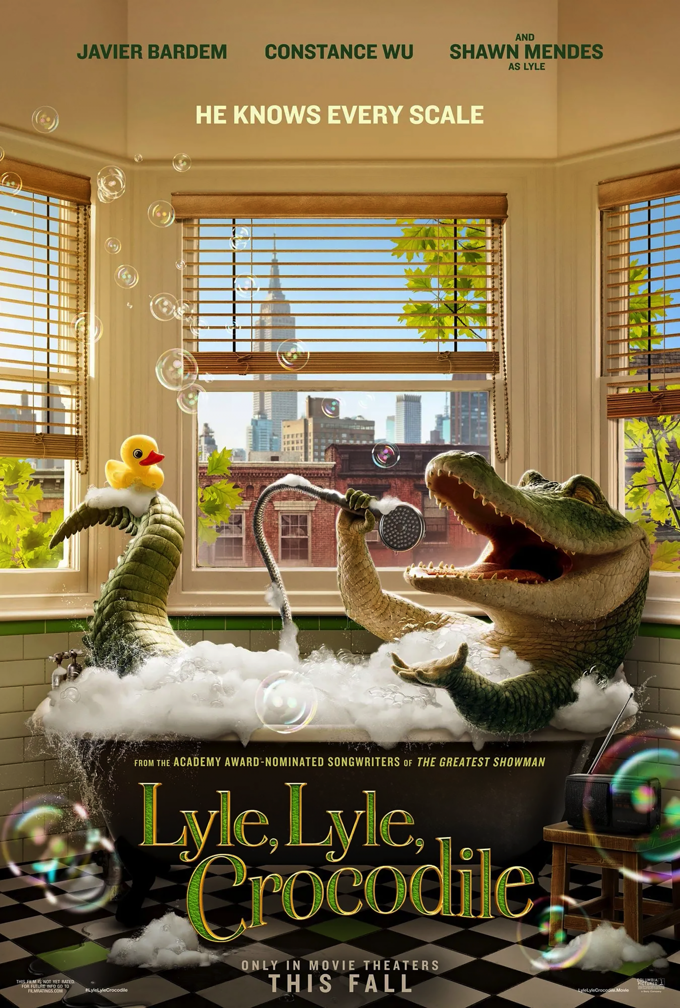 Lyle, Lyle Crocodile movie poster. Crocodile sitting in bathtub full of bubbles using the showerhead as a microphone.