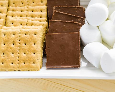 graham crackers, chocolate pieces, & marshmallows