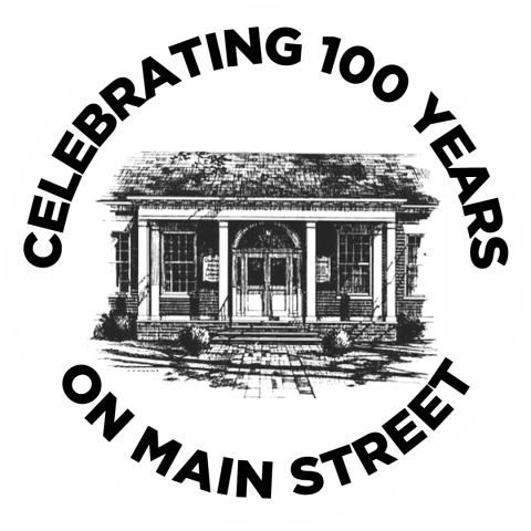illustration of library building with text celebrating 100 years on main street
