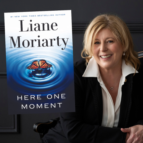 author liane moriarty with her book here one moment