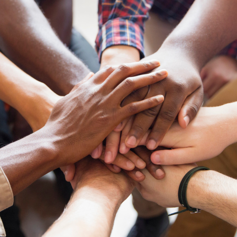 many hands together showing support