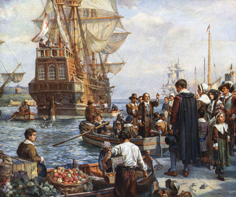 Pilgrims departing on Mayflower