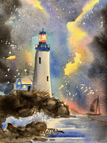 watercolor painting of a lighthouse at sunset
