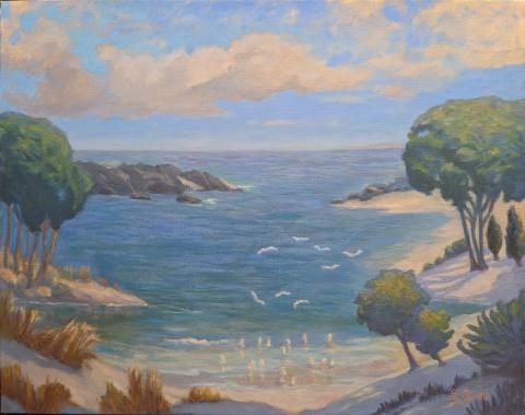 Fresh Breeze by Lawrence Gulmi- beach scene with trees and birds
