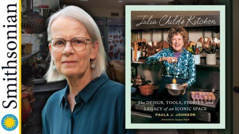 Author Paula Johnson with her book, Julia Child's Kitchen