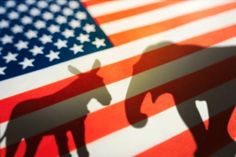 U.S. Flag with shadows of a donkey and an elephant