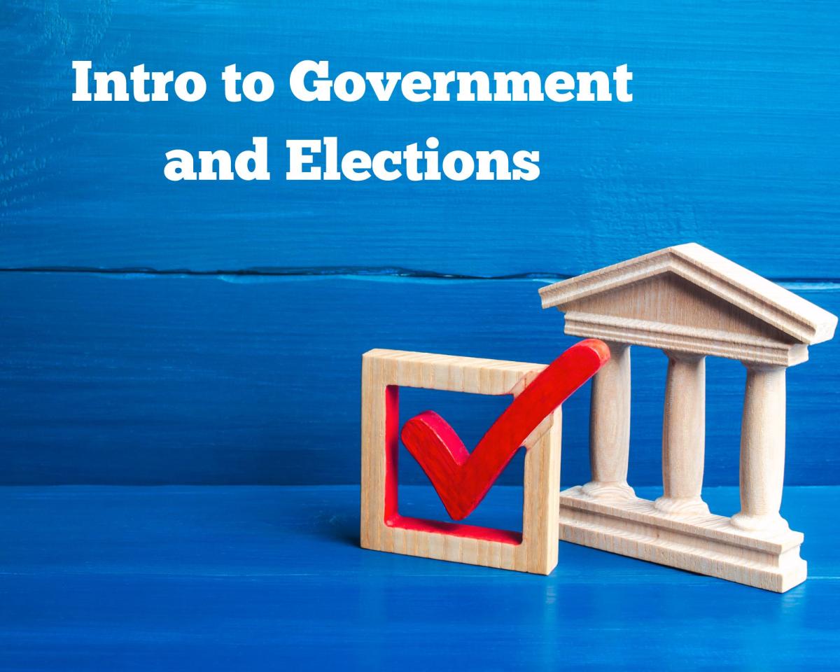 words Intro to Government and Elections with image of a ballot check and government building