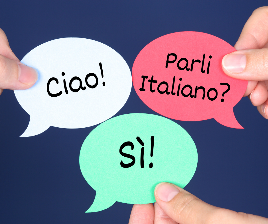 Red, white, and green speech bubbles with the Italian phrases Ciao!, Parli Italiano?, and Si! on a dark blue background