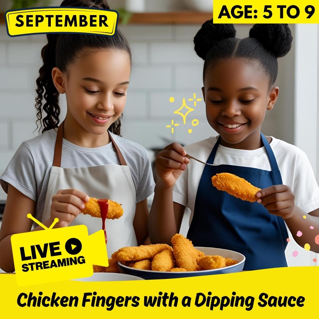 Kids making chicken fingers with a dipping sauce