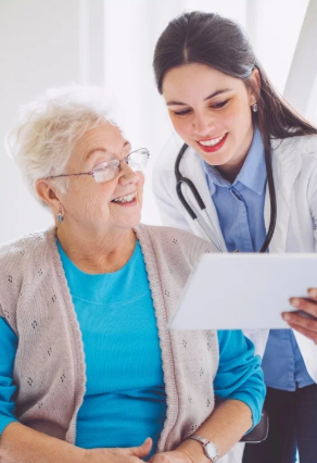 Senior woman talking to doctor 