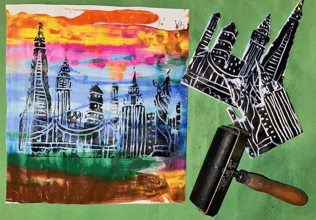 image of colorful printed NYC skyline and brayer roller used for printing